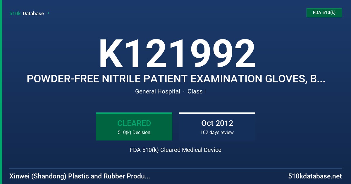 K121992 POWDER-FREE NITRILE PATIENT EXAMINATION GLOVES, BLUE COLOR FDA 510(k) Cleared Medical Device