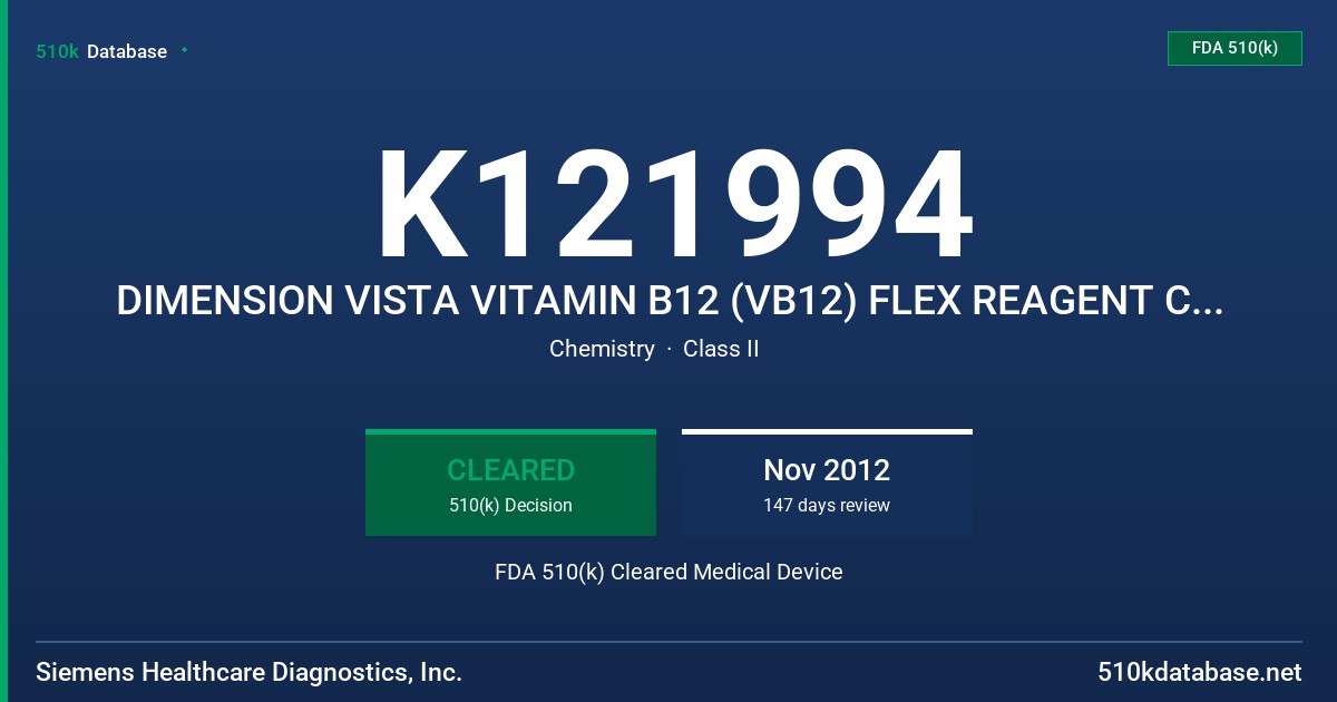 K121994 DIMENSION VISTA VITAMIN B12 (VB12) FLEX REAGENT CARTRIDGE, DIMENSION VISTA LOCI 4 CALIBRATOR FDA 510(k) Cleared Medical Device