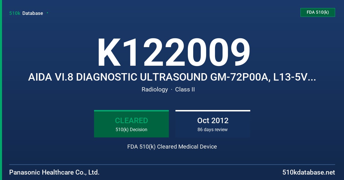 K122009 AIDA VI.8 DIAGNOSTIC ULTRASOUND GM-72P00A, L13-5V1 TRANSDUCER FDA 510(k) Cleared Medical Device