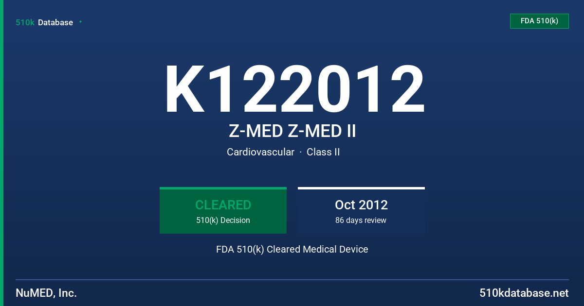 K122012 Z-MED Z-MED II FDA 510(k) Cleared Medical Device