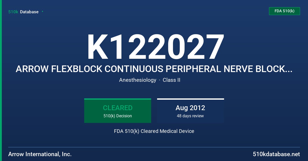 K122027 ARROW FLEXBLOCK CONTINUOUS PERIPHERAL NERVE BLOCK CATHETER FDA 510(k) Cleared Medical Device