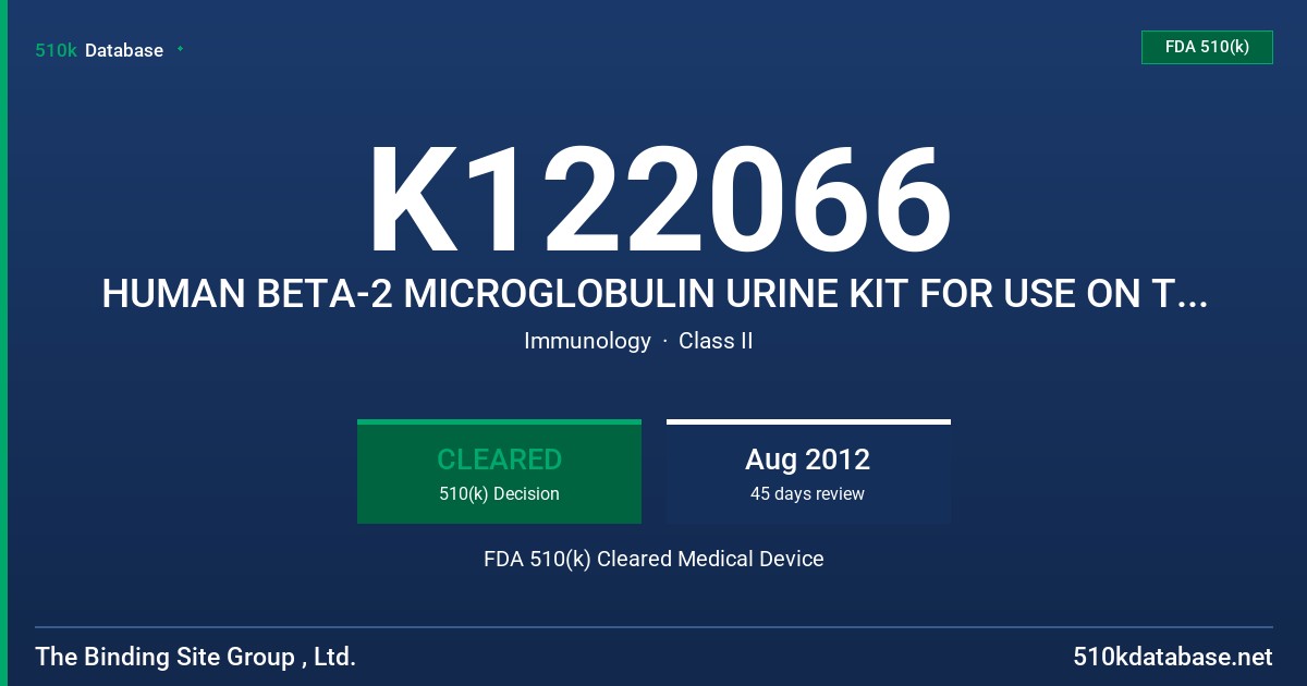 K122066 HUMAN BETA-2 MICROGLOBULIN URINE KIT FOR USE ON THE SPAPLUS FDA 510(k) Cleared Medical Device