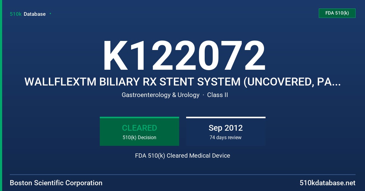 K122072 WALLFLEXTM BILIARY RX STENT SYSTEM (UNCOVERED, PARTIALLY COVERED, AND FULLY COVERED) WALLFLEXTM BILIARY TRANSHEPATIC STE FDA 510(k) Cleared Medical Device