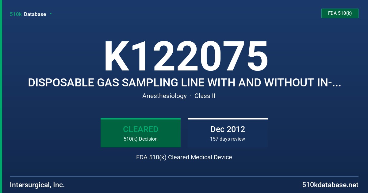 K122075 DISPOSABLE GAS SAMPLING LINE WITH AND WITHOUT IN-LINE FILTER FDA 510(k) Cleared Medical Device