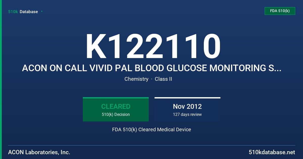 K122110 ACON ON CALL VIVID PAL BLOOD GLUCOSE MONITORING SYSTEM FDA 510(k) Cleared Medical Device