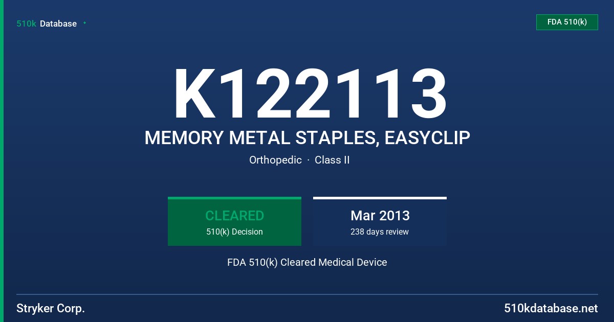 K122113 MEMORY METAL STAPLES, EASYCLIP FDA 510(k) Cleared Medical Device