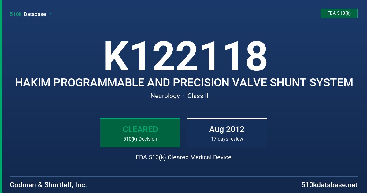 K122118 HAKIM PROGRAMMABLE AND PRECISION VALVE SHUNT SYSTEM FDA 510(k) Cleared Medical Device