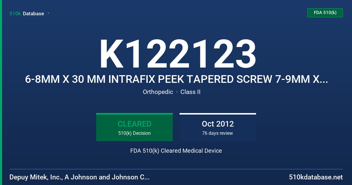 K122123 6-8MM X 30 MM INTRAFIX PEEK TAPERED SCREW 7-9MM X 30MM INTRAFIX PEEK TAPERED SCREW 8-10MM X 30 MM INTRAFIX PEEK TAPERED FDA 510(k) Cleared Medical Device