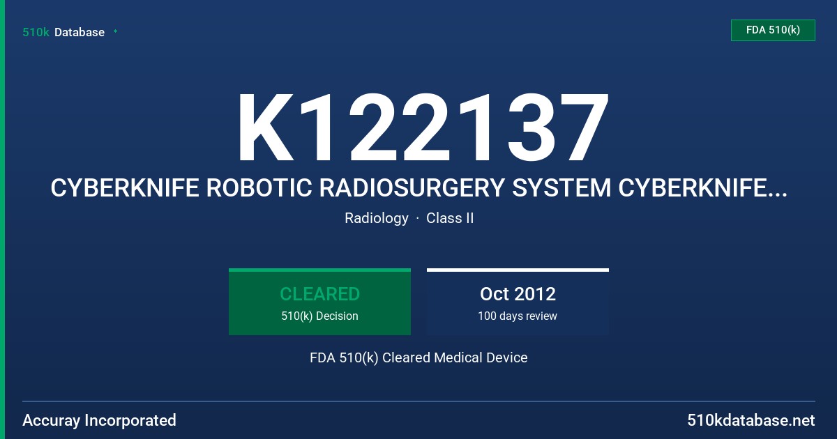 K122137 CYBERKNIFE ROBOTIC RADIOSURGERY SYSTEM CYBERKNIFE VSI ROBOTIC RADIOSURGERY SYSTEM FDA 510(k) Cleared Medical Device