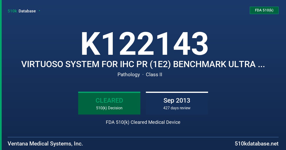 K122143 VIRTUOSO SYSTEM FOR IHC PR (1E2) BENCHMARK ULTRA STAINER FDA 510(k) Cleared Medical Device