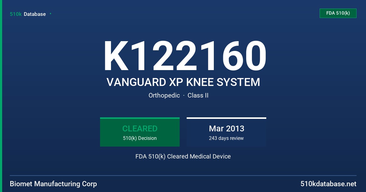 K122160 VANGUARD XP KNEE SYSTEM FDA 510(k) Cleared Medical Device