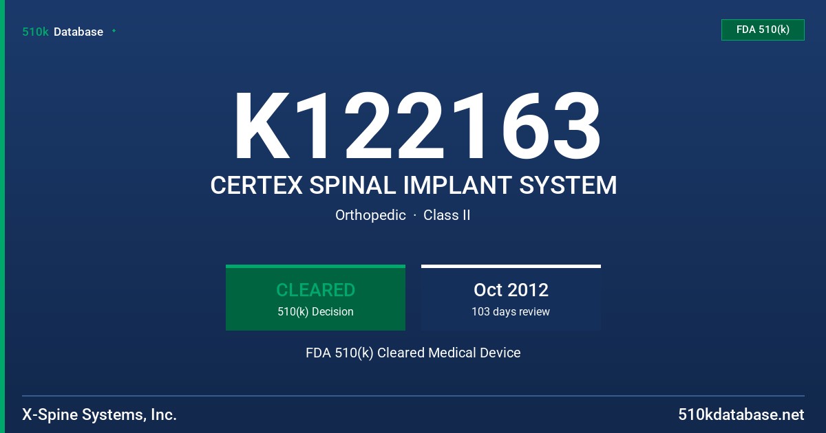 K122163 CERTEX SPINAL IMPLANT SYSTEM FDA 510(k) Cleared Medical Device