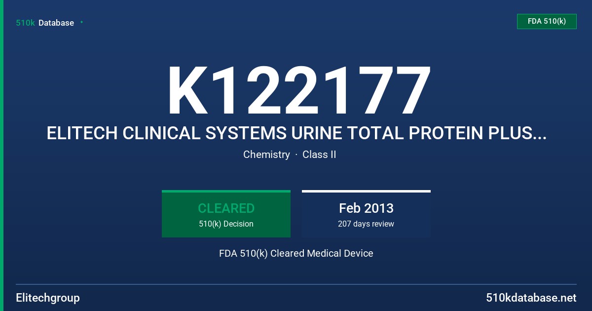 K122177 ELITECH CLINICAL SYSTEMS URINE TOTAL PROTEIN PLUS STANDARD 100 MG/DL, ELITECH CLINICAL SYSTEMS URINE CONTROL BI-LEVEL FDA 510(k) Cleared Medical Device