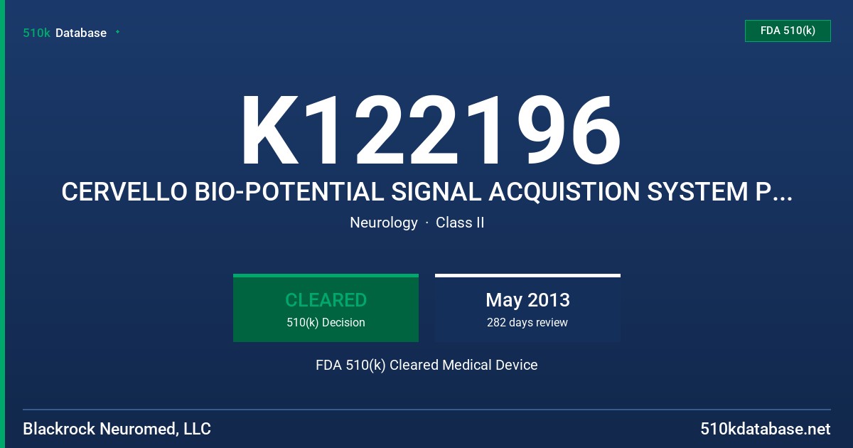 K122196 CERVELLO BIO-POTENTIAL SIGNAL ACQUISTION SYSTEM PRODUCT FAMILY FDA 510(k) Cleared Medical Device