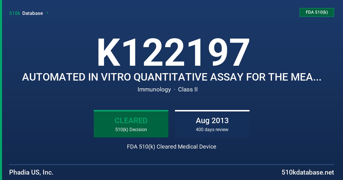 K122197 AUTOMATED IN VITRO QUANTITATIVE ASSAY FOR THE MEASUREMENT OF ALLERGEN SPECIFIC IGE ANTIBODIES FDA 510(k) Cleared Medical Device