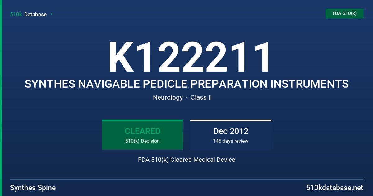 K122211 SYNTHES NAVIGABLE PEDICLE PREPARATION INSTRUMENTS FDA 510(k) Cleared Medical Device