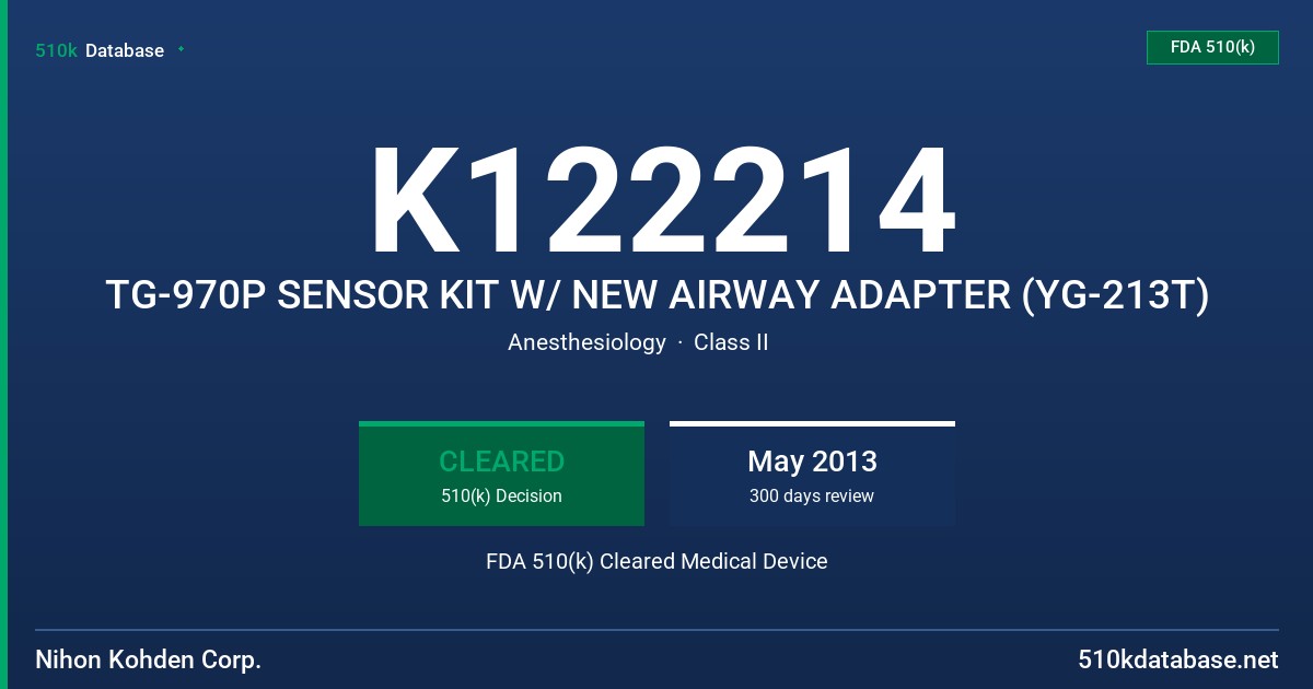 K122214 TG-970P SENSOR KIT W/ NEW AIRWAY ADAPTER (YG-213T) FDA 510(k) Cleared Medical Device