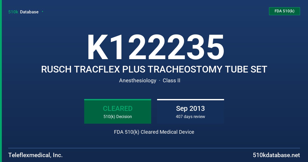 K122235 RUSCH TRACFLEX PLUS TRACHEOSTOMY TUBE SET FDA 510(k) Cleared Medical Device