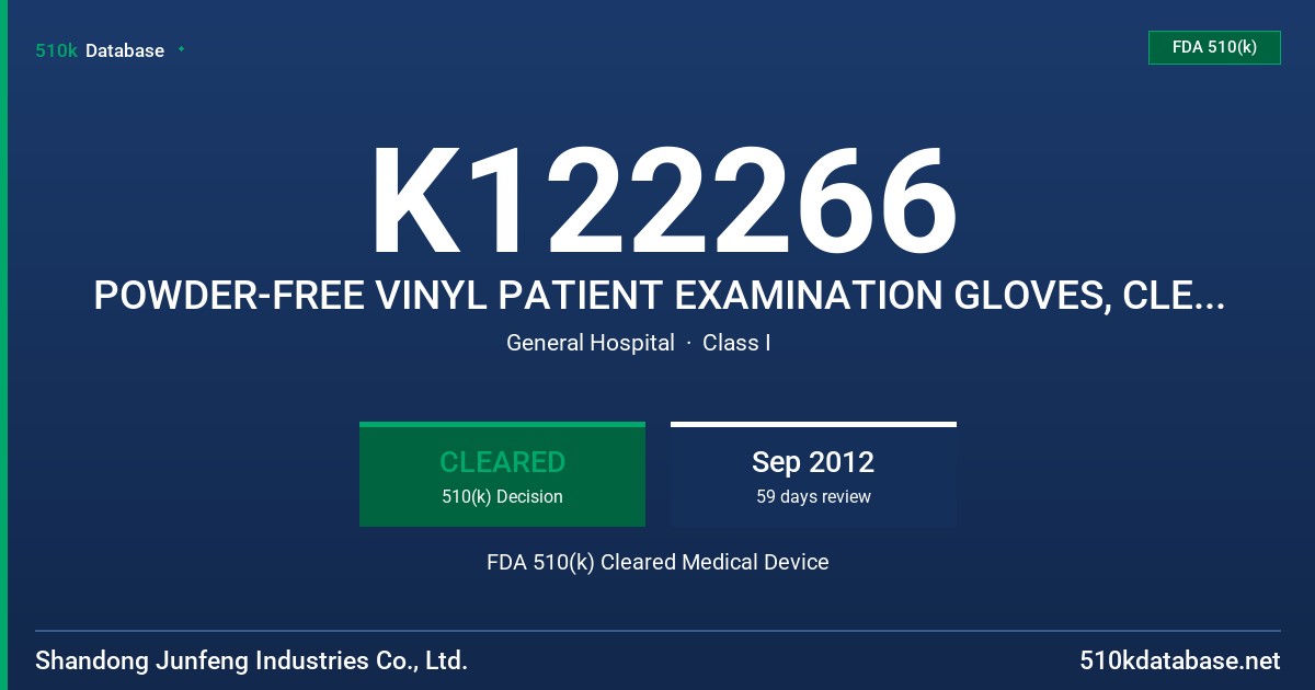 K122266 POWDER-FREE VINYL PATIENT EXAMINATION GLOVES, CLEAR (NON-COLORED) FDA 510(k) Cleared Medical Device