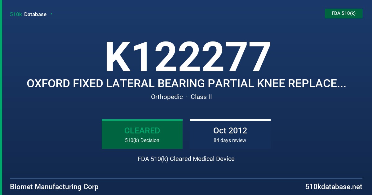 K122277 OXFORD FIXED LATERAL BEARING PARTIAL KNEE REPLACEMENT (OXFORD TIBIAL TRAYS A-F) IXFORD PARTIAL KNEE REPLACEMENT SYSTEM FDA 510(k) Cleared Medical Device