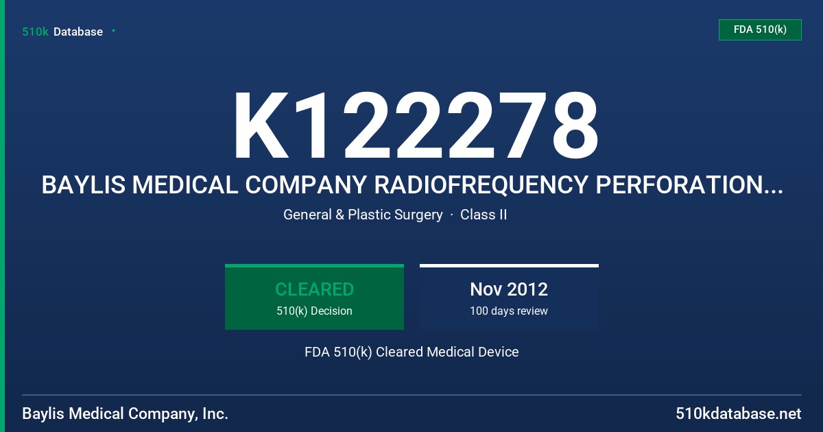K122278 BAYLIS MEDICAL COMPANY RADIOFREQUENCY PERFORATION GENERATOR FDA 510(k) Cleared Medical Device