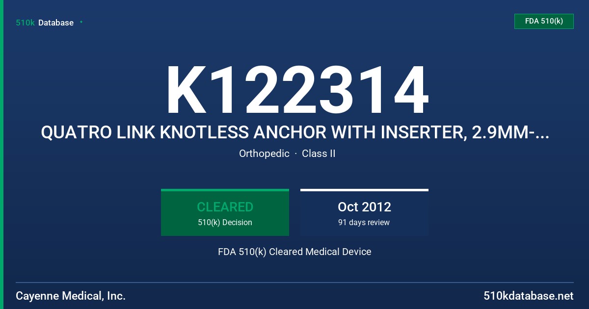 K122314 QUATRO LINK KNOTLESS ANCHOR WITH INSERTER, 2.9MM-PEEK ONLY FDA 510(k) Cleared Medical Device
