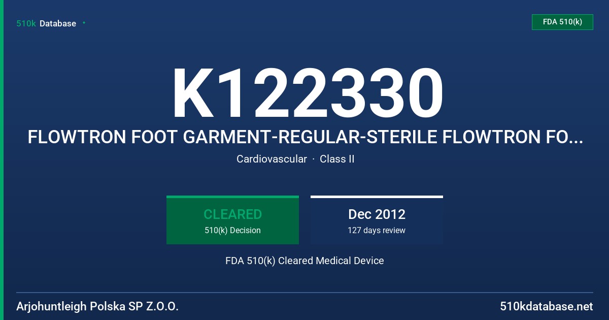 K122330 FLOWTRON FOOT GARMENT-REGULAR-STERILE FLOWTRON FOOT GARMENT-LARGE-STERILE FDA 510(k) Cleared Medical Device