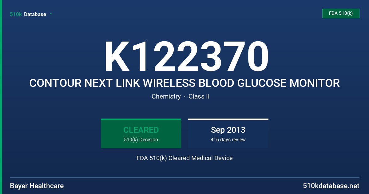 K122370 CONTOUR NEXT LINK WIRELESS BLOOD GLUCOSE MONITOR FDA 510(k) Cleared Medical Device