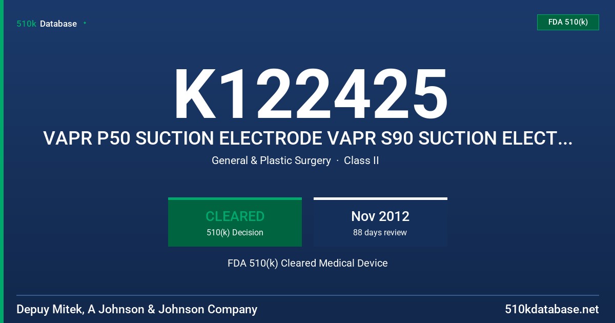 K122425 VAPR P50 SUCTION ELECTRODE VAPR S90 SUCTION ELECTRODE VAPR P50 SUCTION ELECTRODE WITH HANDCONTROLS VAPRS90 SUCTION ELECT FDA 510(k) Cleared Medical Device
