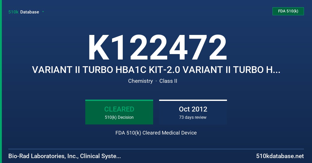 K122472 VARIANT II TURBO HBA1C KIT-2.0 VARIANT II TURBO HEMOGLOBIN TESTING SYSTEM FDA 510(k) Cleared Medical Device