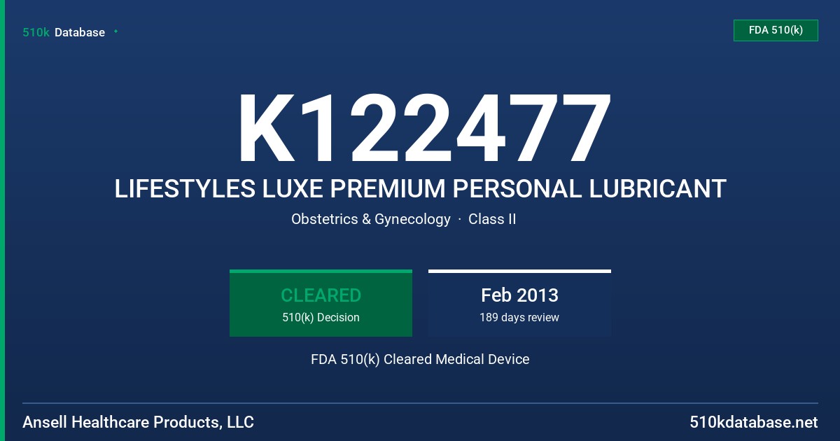 K122477 LIFESTYLES LUXE PREMIUM PERSONAL LUBRICANT FDA 510(k) Cleared Medical Device