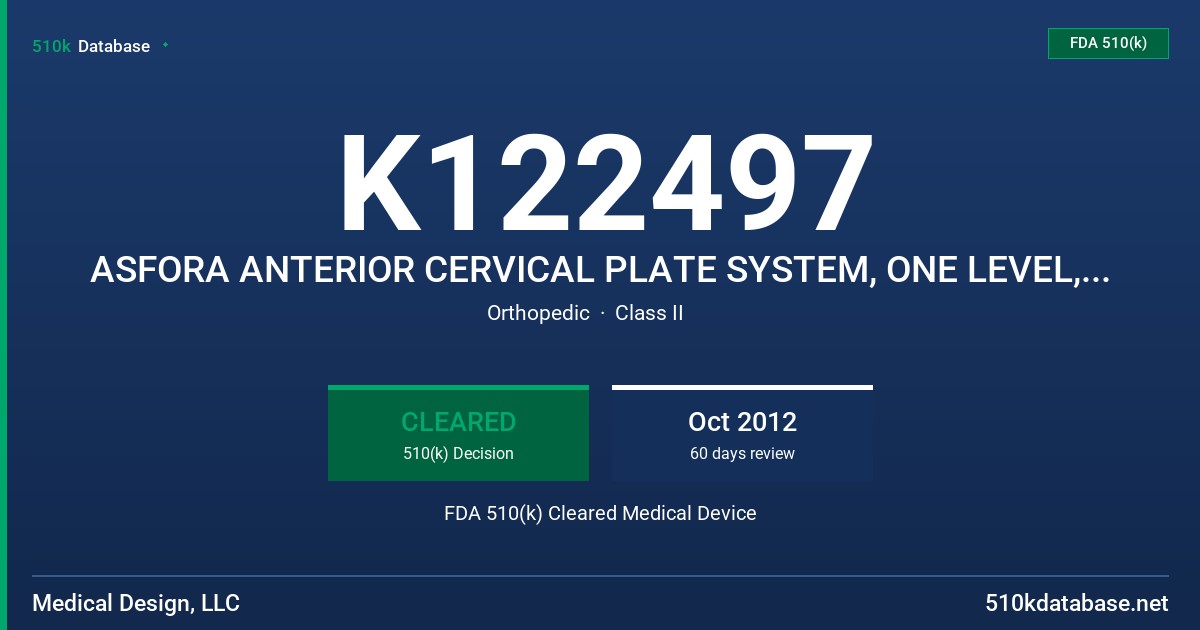 K122497 ASFORA ANTERIOR CERVICAL PLATE SYSTEM, ONE LEVEL, 14MM ASFORA ANTERIOR CERVICAL PLATE SYSTEM, ONE LEVEL, 16MM FDA 510(k) Cleared Medical Device