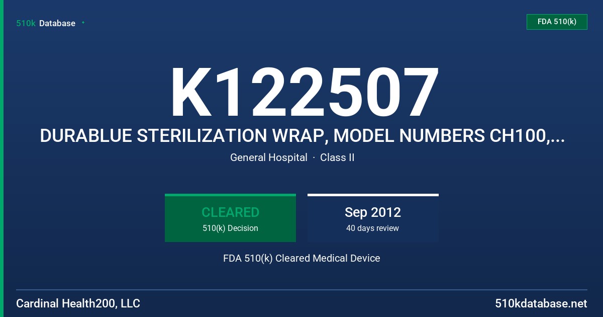 K122507 DURABLUE STERILIZATION WRAP, MODEL NUMBERS CH100, CH200, CH300, CH400, CH500 AND CH600, STERRAD NX STERILIZATION FDA 510(k) Cleared Medical Device