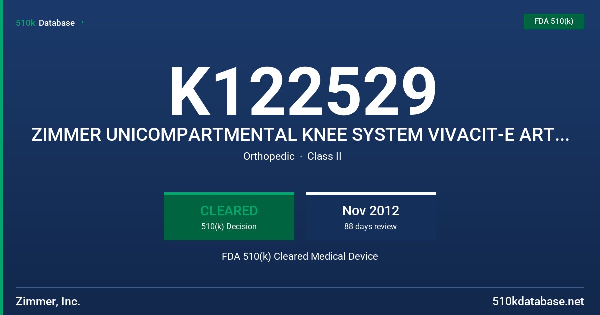K122529 ZIMMER UNICOMPARTMENTAL KNEE SYSTEM VIVACIT-E ARTICULAR SURFACE FDA 510(k) Cleared Medical Device