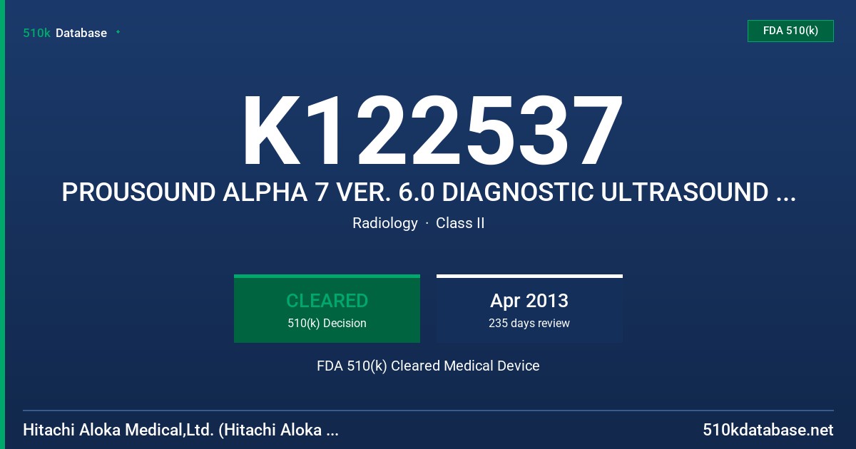 K122537 PROUSOUND ALPHA 7 VER. 6.0 DIAGNOSTIC ULTRASOUND SYSTEM MODEL: PROSOUND ALPHA 7 VER. 6.0 FDA 510(k) Cleared Medical Device