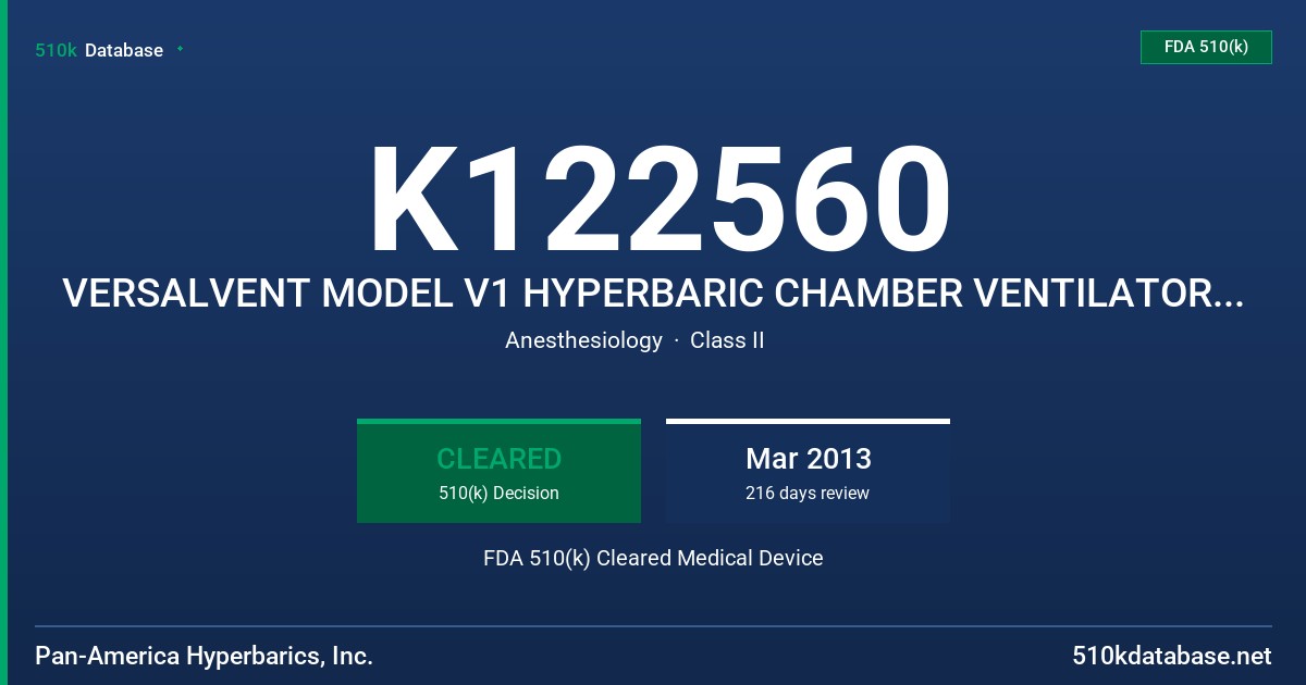 K122560 VERSALVENT MODEL V1 HYPERBARIC CHAMBER VENTILATOR MODEL V1 FDA 510(k) Cleared Medical Device