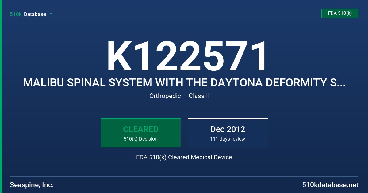 K122571 MALIBU SPINAL SYSTEM WITH THE DAYTONA DEFORMITY SYSTEM FDA 510(k) Cleared Medical Device