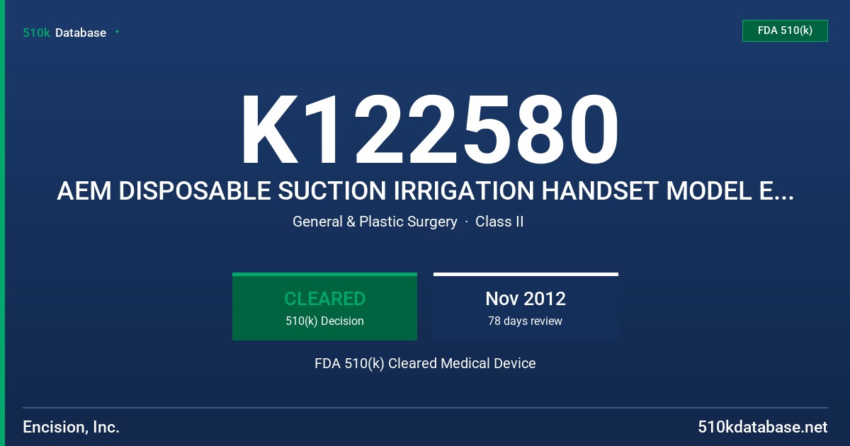 K122580 AEM DISPOSABLE SUCTION IRRIGATION HANDSET MODEL ES1700 FDA 510(k) Cleared Medical Device