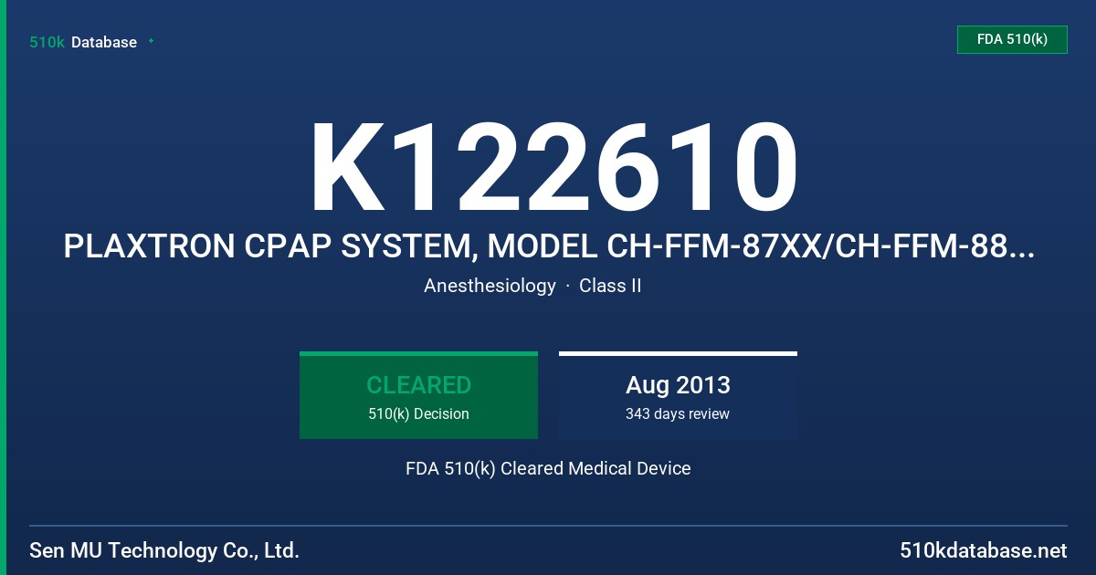 K122610 PLAXTRON CPAP SYSTEM, MODEL CH-FFM-87XX/CH-FFM-88XX SERIES FDA 510(k) Cleared Medical Device