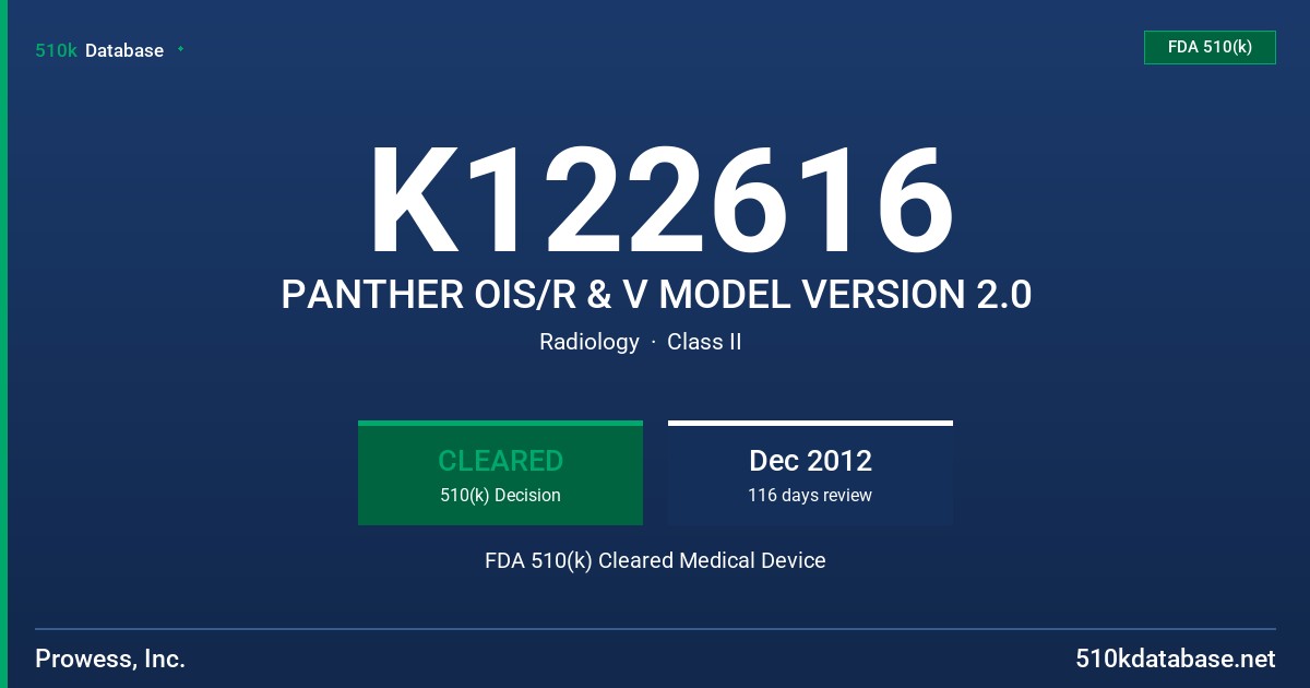 K122616 PANTHER OIS/R & V MODEL VERSION 2.0 FDA 510(k) Cleared Medical Device