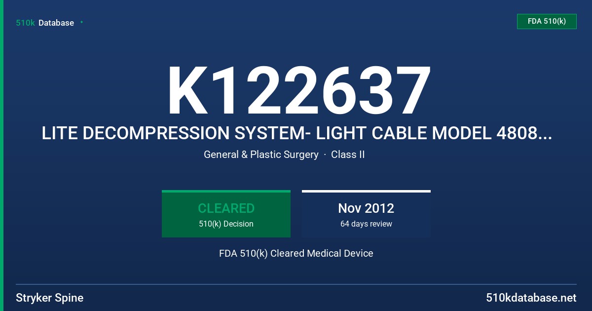 K122637 LITE DECOMPRESSION SYSTEM- LIGHT CABLE MODEL 48089999 FDA 510(k) Cleared Medical Device