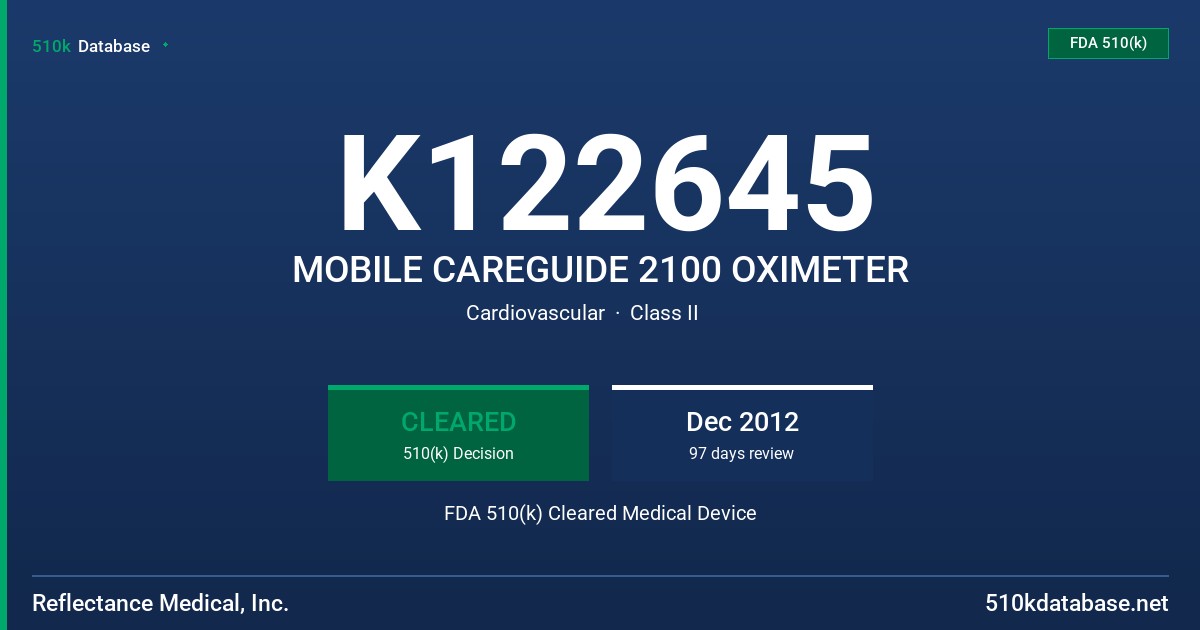 K122645 MOBILE CAREGUIDE 2100 OXIMETER FDA 510(k) Cleared Medical Device