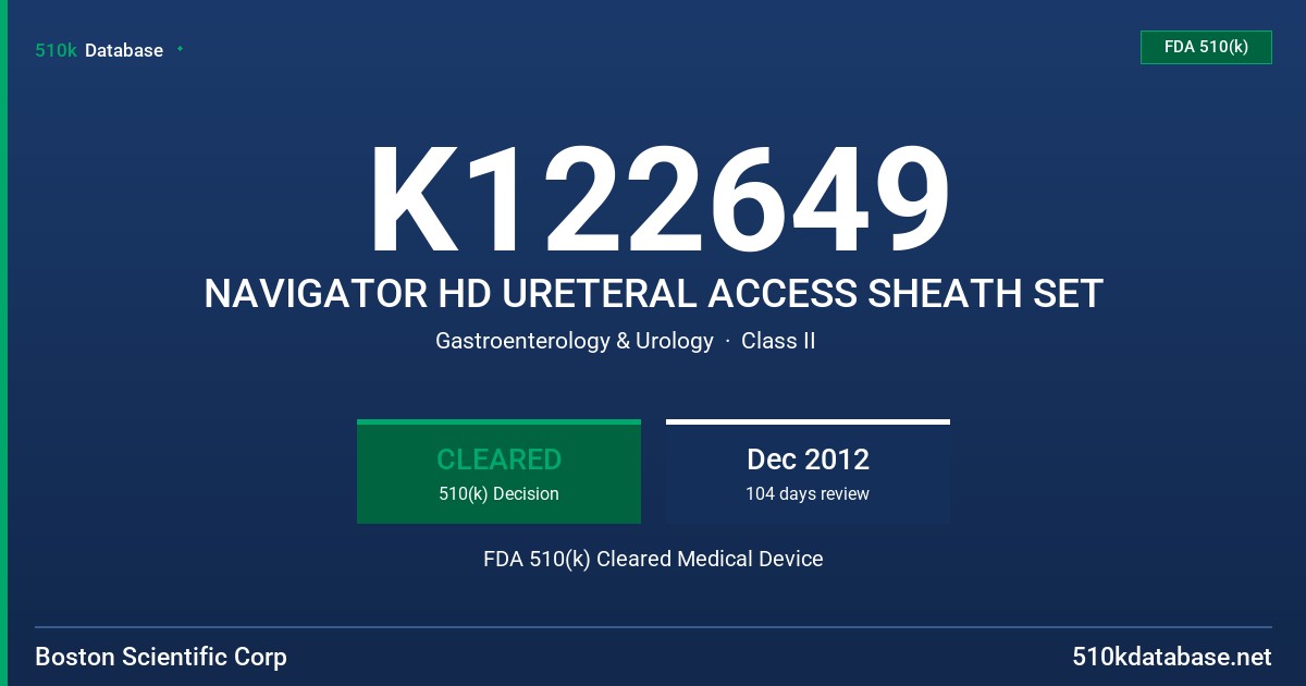 K122649 NAVIGATOR HD URETERAL ACCESS SHEATH SET FDA 510(k) Cleared Medical Device