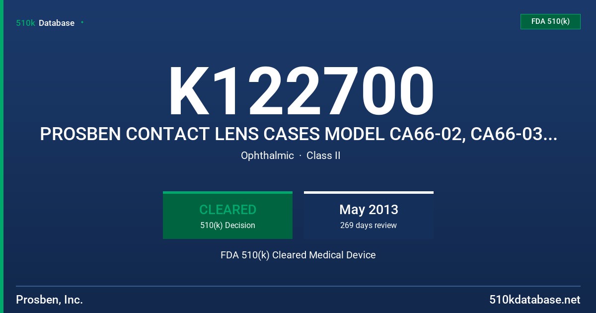 K122700 PROSBEN CONTACT LENS CASES MODEL CA66-02, CA66-03WB, CA66-04T SERIES FDA 510(k) Cleared Medical Device