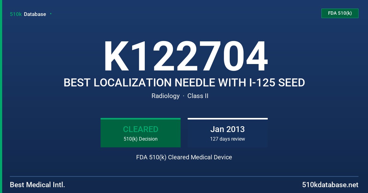K122704 BEST LOCALIZATION NEEDLE WITH I-125 SEED FDA 510(k) Cleared Medical Device
