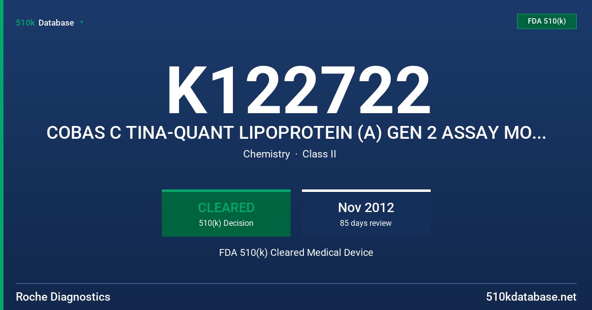 K122722 COBAS C TINA-QUANT LIPOPROTEIN (A) GEN 2 ASSAY MODEL 05852625190 FDA 510(k) Cleared Medical Device