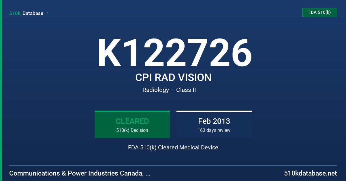K122726 CPI RAD VISION FDA 510(k) Cleared Medical Device