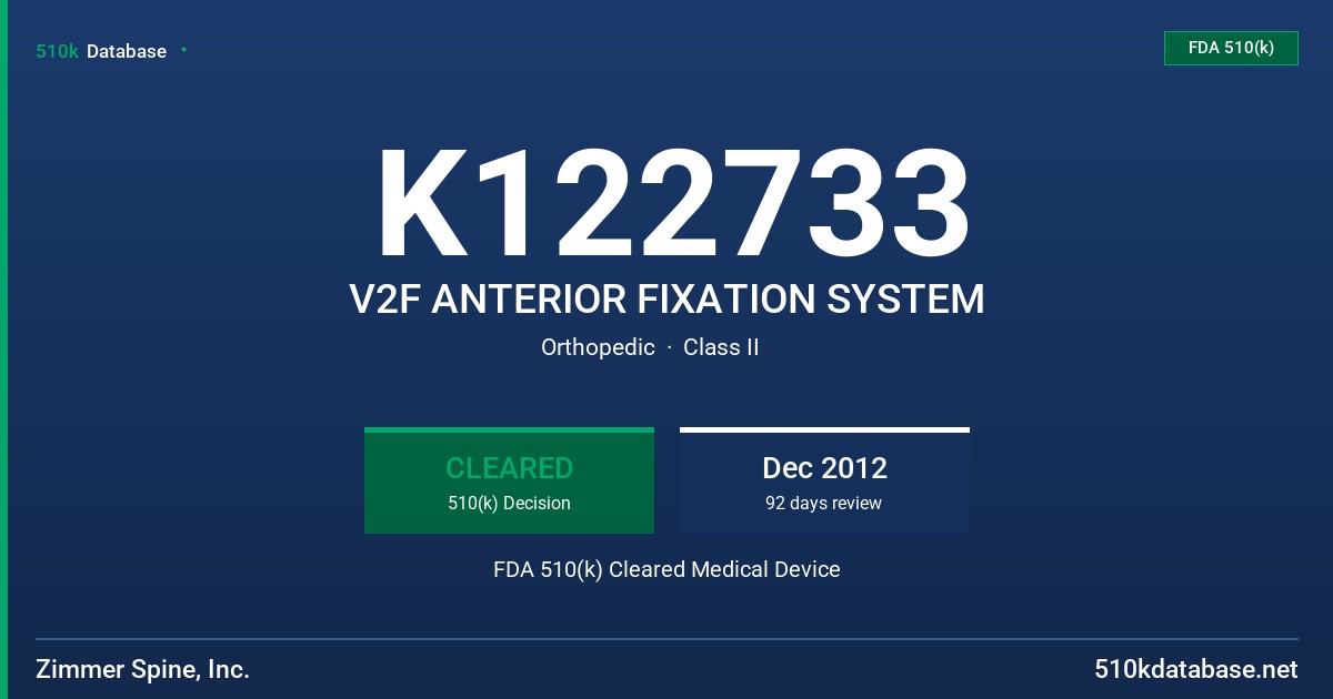 K122733 V2F ANTERIOR FIXATION SYSTEM FDA 510(k) Cleared Medical Device