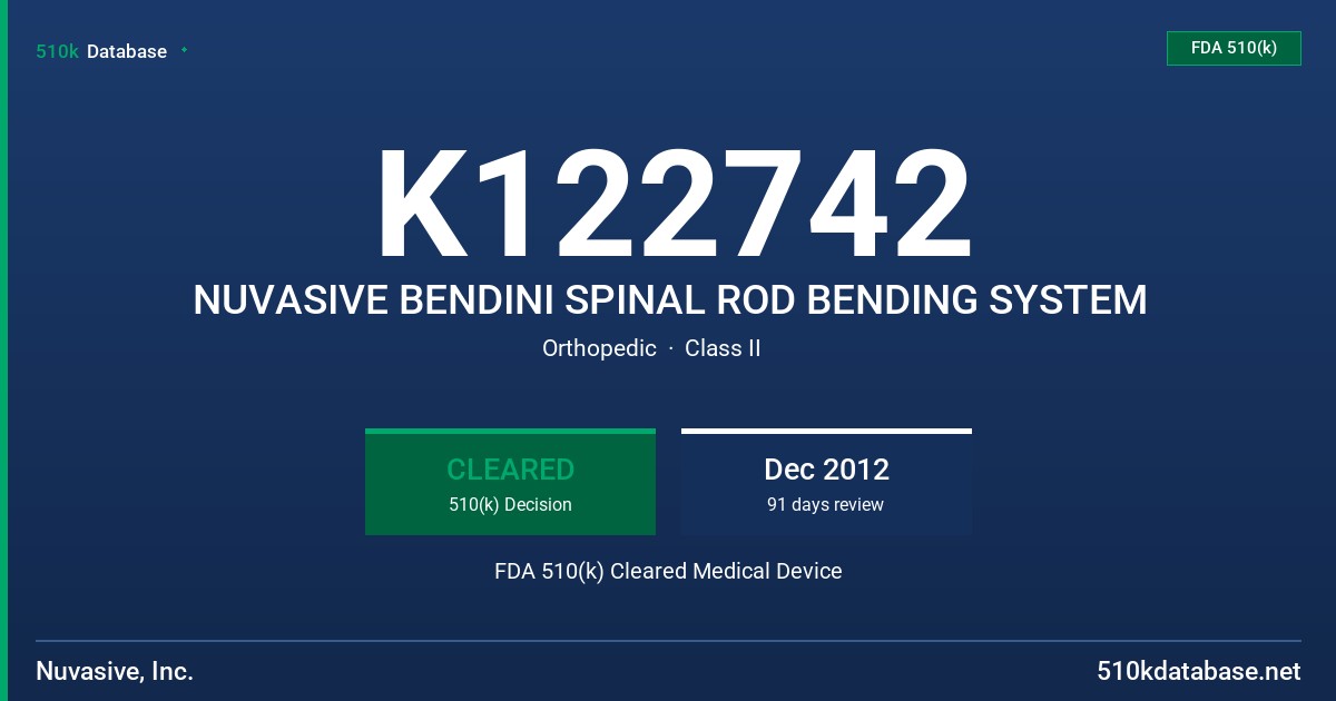 K122742 NUVASIVE BENDINI SPINAL ROD BENDING SYSTEM FDA 510(k) Cleared Medical Device