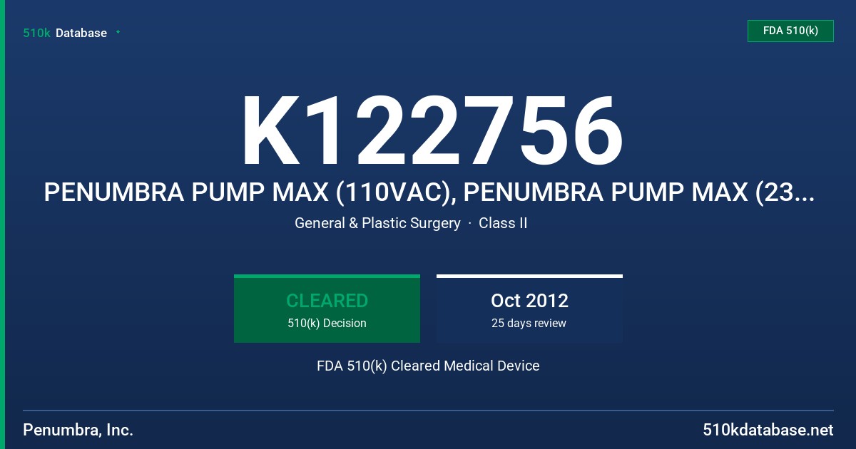 K122756 PENUMBRA PUMP MAX (110VAC), PENUMBRA PUMP MAX (230VAC), PENUMBAR PUMP MAX CANISTER/TUBING FDA 510(k) Cleared Medical Device